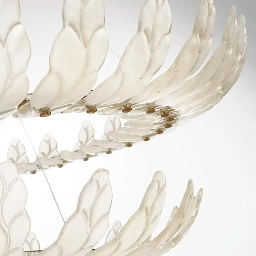 Distinguished Italamp Airone suspension lamp with layered pale off-white glass leaves and stainless steel cables