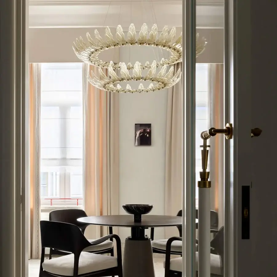 Exceptional Italamp Airone suspension lamp with layered glass leaf elements built around integrated LED sources with stainless steel cables