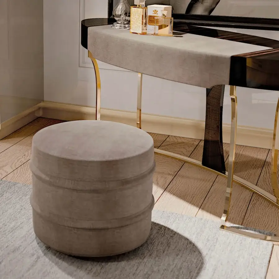 Distinctive BelMondo Lexington Avenue ottoman showcases a light grayish-brown textile with horizontal bands and matte finish