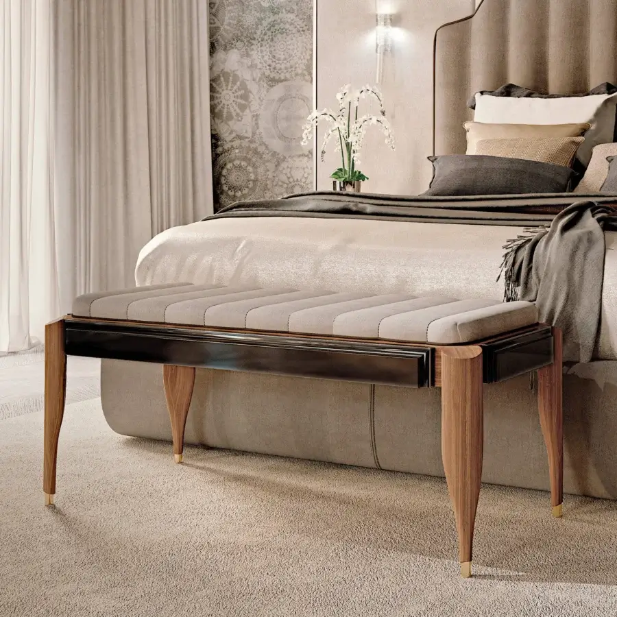 Distinctive BelMondo by Bellotti Ezio Lexington Avenue bench with light grey horizontally segmented matte upholstery and glossy wooden legs