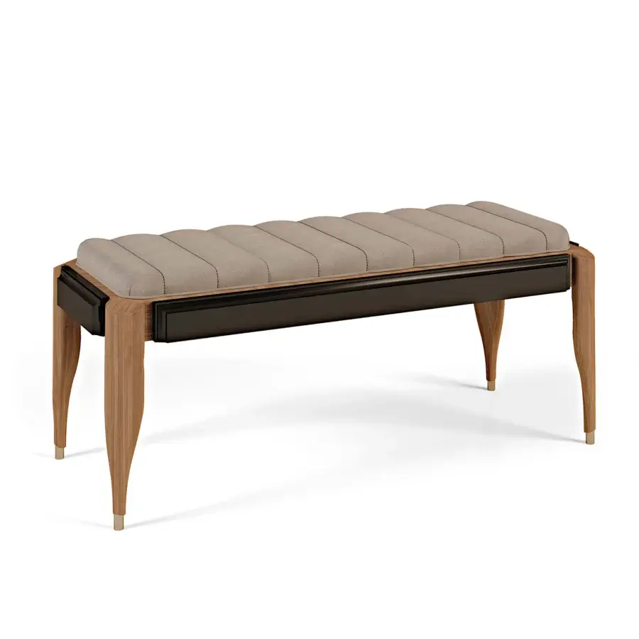 Distinguished BelMondo Lexington Avenue bench with light tan textile and dark synthetic frame built upon curved wooden legs with gold accents