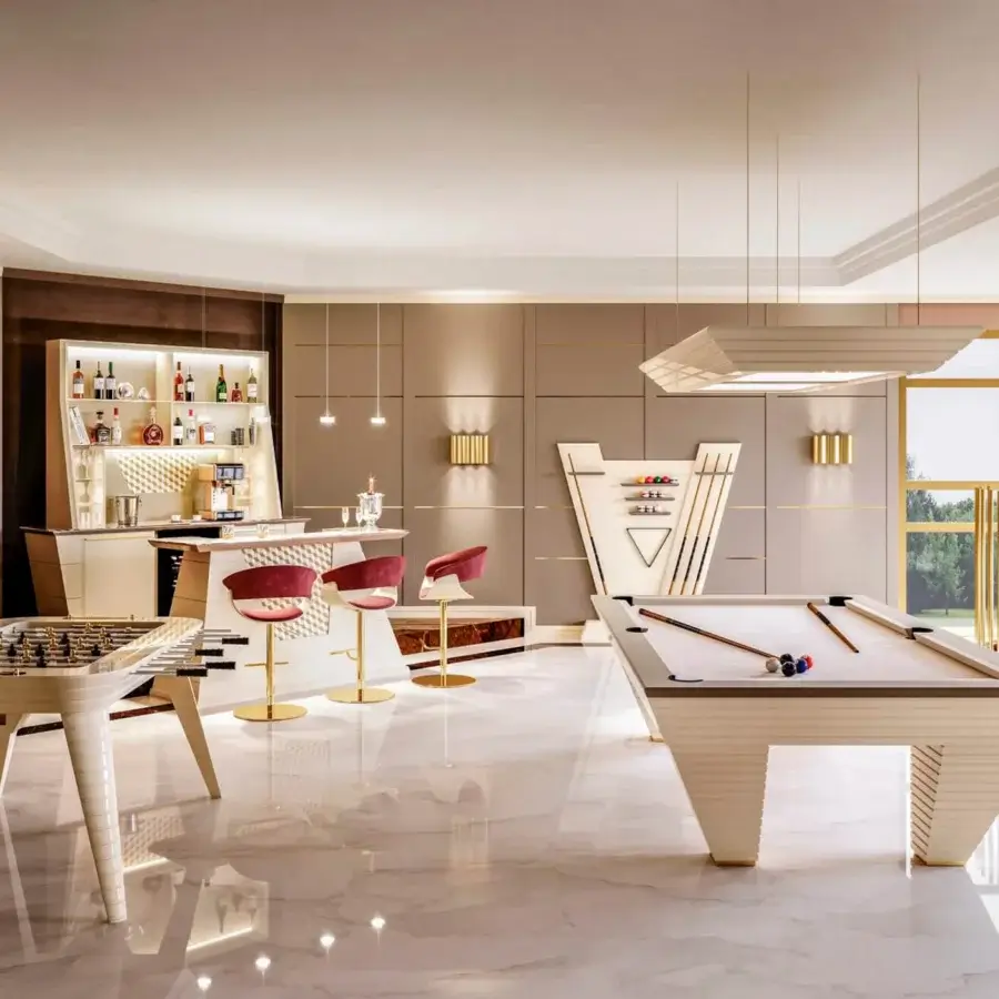 Distinguished Vismara New Desire pool table crafted with solid wood and light-colored textile playing surface with lacquered legs