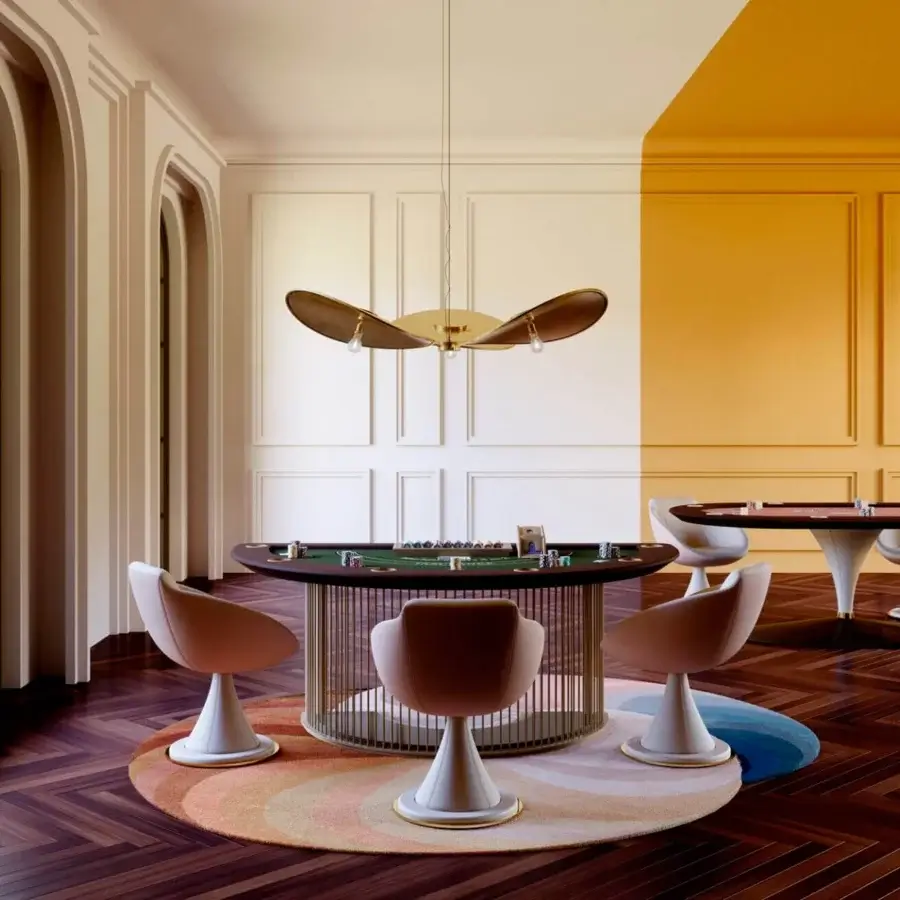 Distinctive Vismara Roma blackjack table crafted with green microfiber playing surface and soft-touch lacquered edge with steel cup holders