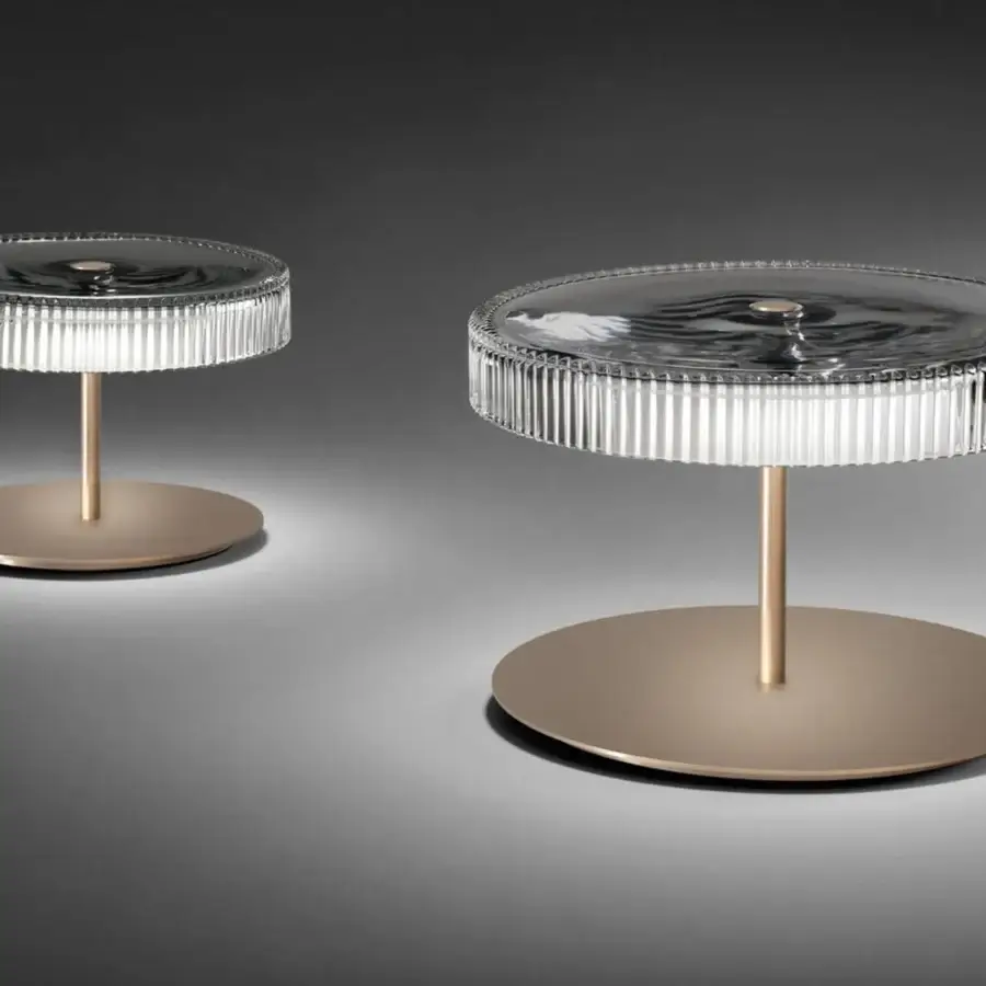 Distinguished Italamp Gilda table lamp with hand-carved transparent glass diffuser and corten finished metal details