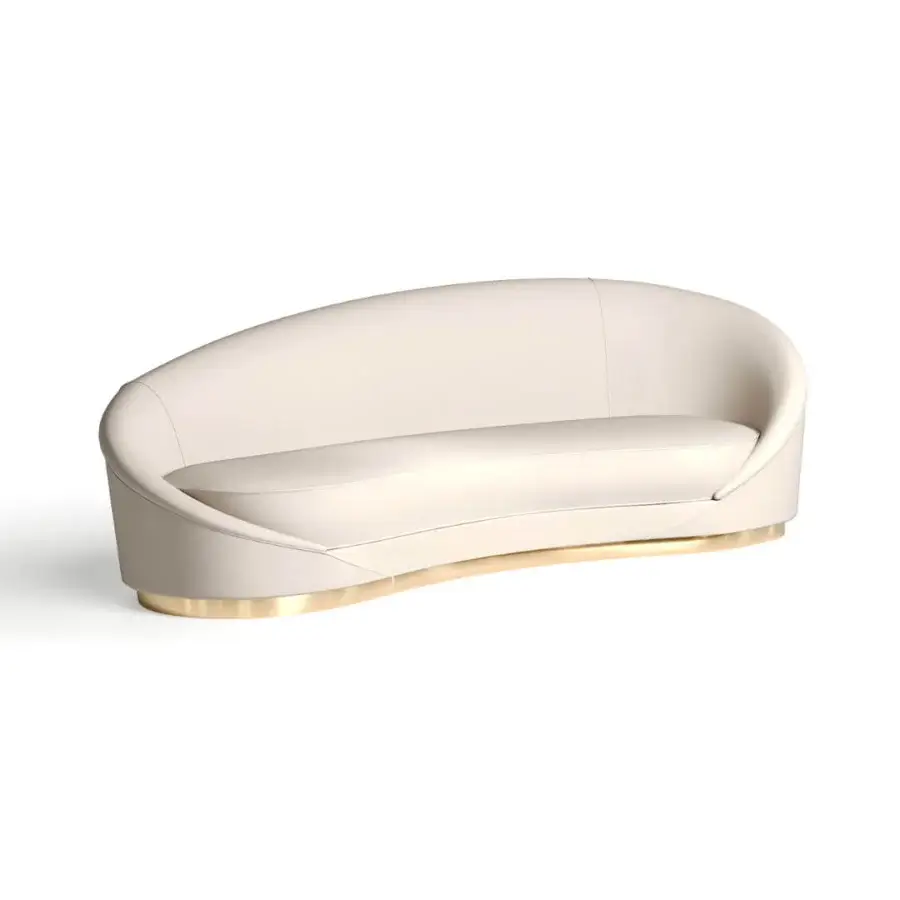 Innovative Vismara Wavy sofa with a comma-shaped form upholstered in creamy white textile and plated golden steel base
