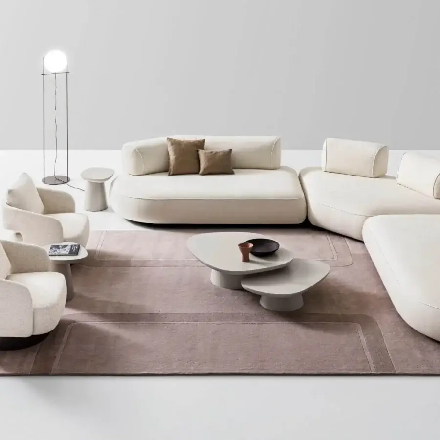 Exceptional Ditre Italia Isla Slim sectional with rounded forms upholstered in soft off-white textile and brown cushions