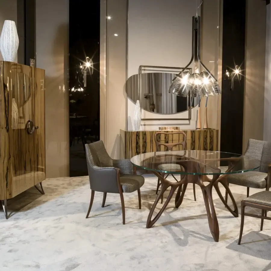 Exceptional BelMondo by Bellotti Ezio Prometeo round table with interwoven dark-toned wooden base and transparent glass top