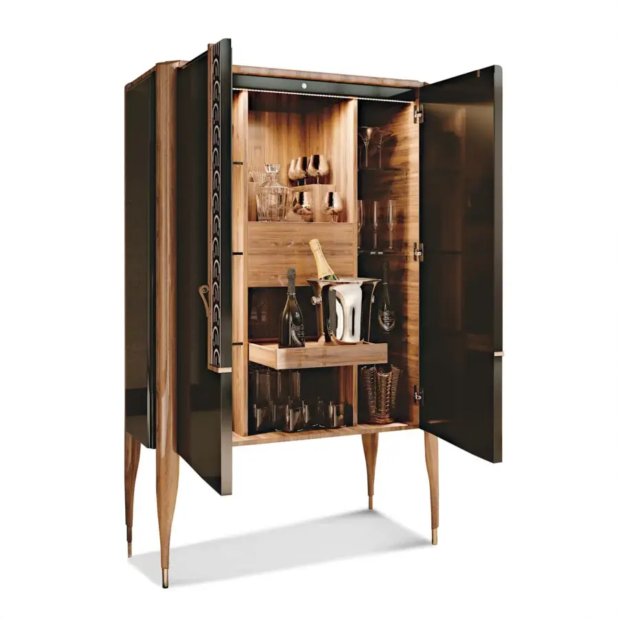 Distinguished BelMondo by Bellotti Ezio Lexington Avenue bar cabinet in warm brown wood with dark lacquered door fronts and metal accents