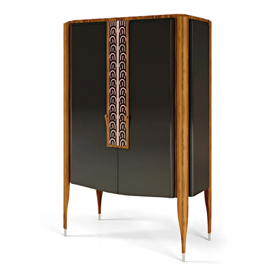 Distinguished BelMondo by Bellotti Ezio Lexington Avenue bar cabinet with glossy wood and dark doors built with unique handles and internal lighting