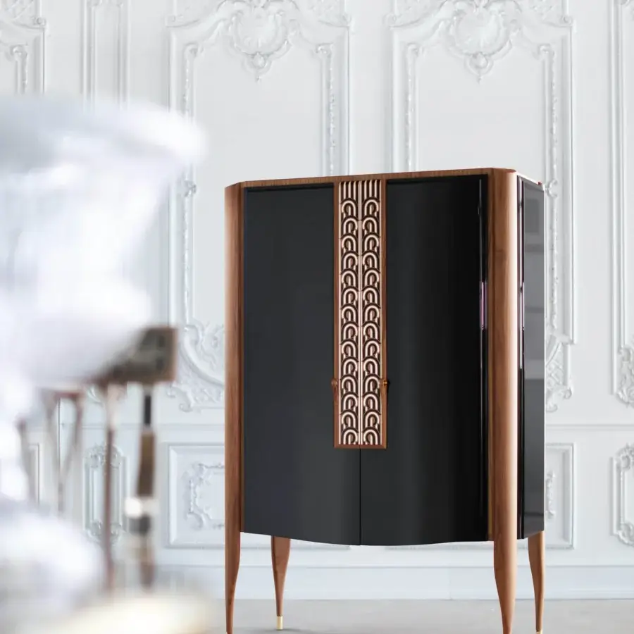 Distinguished BelMondo Lexington Avenue bar cabinet crafted in black and light brown wood with a glossy finish and golden tips