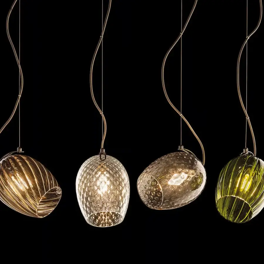 Distinguished Italamp Nuce suspension lamp with transparent blown glass diffuser and delicate iron grey metal structure