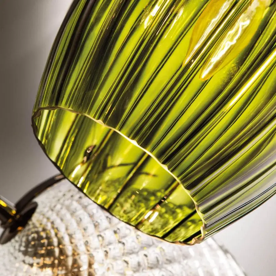 Distinguished Italamp Nuce suspension lamp with gracefully curved olive green blown glass and iron grey metal structure