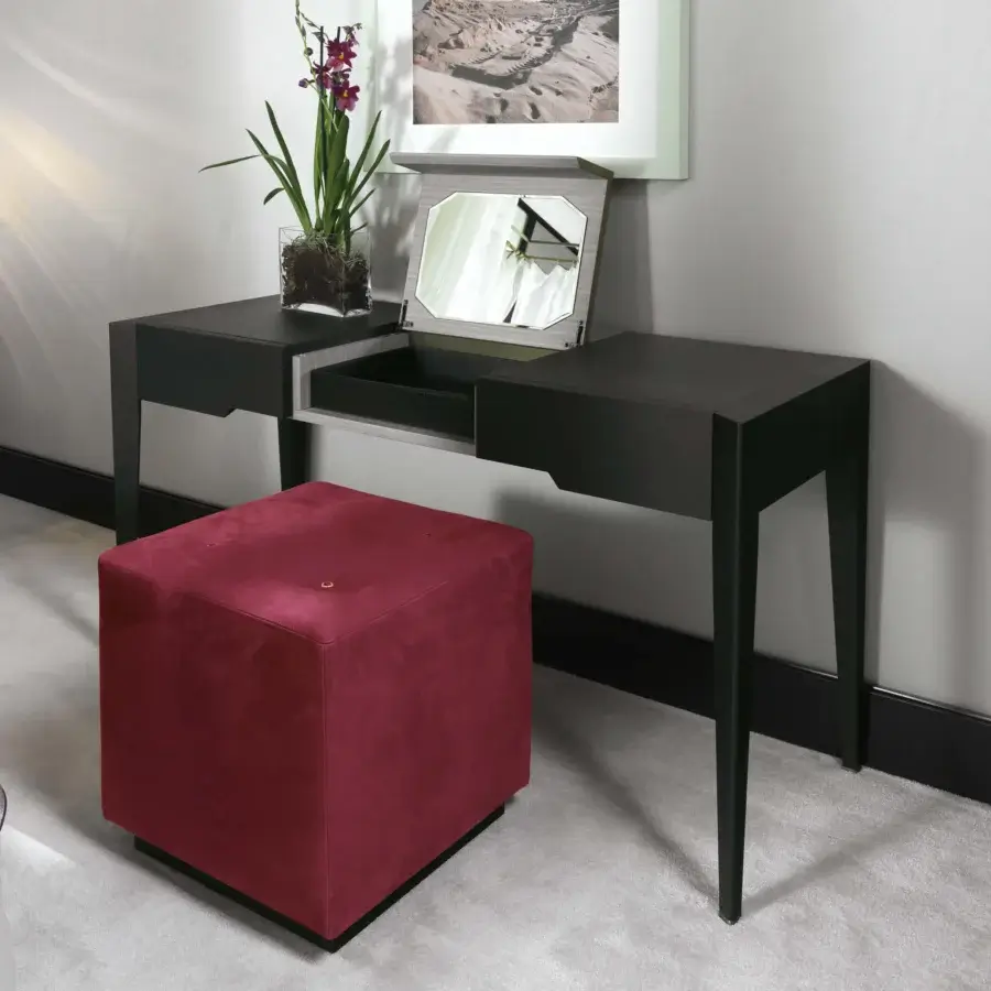 Distinguished BelMondo by Bellotti Ezio Frine vanity in dark matte with angular lines, a drawer and red cube ottoman