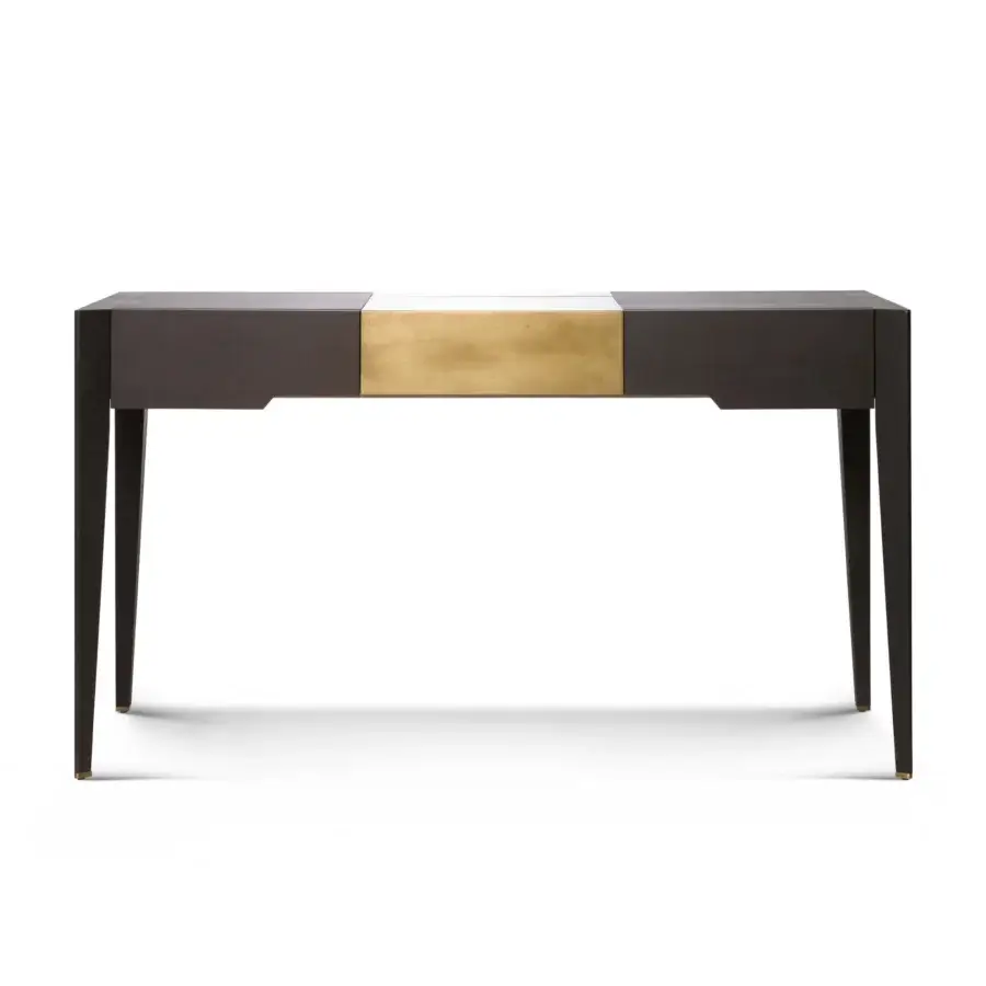 Superior BelMondo by Bellotti Ezio Frine vanity in matte dark brown with golden metallic central element and slender tapered legs