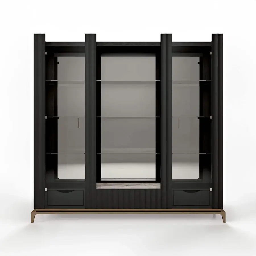 Distinguished BelMondo by Bellotti Ezio Auriga glass cabinet with dark matte wood and internal illumination presents a striking contemporary design