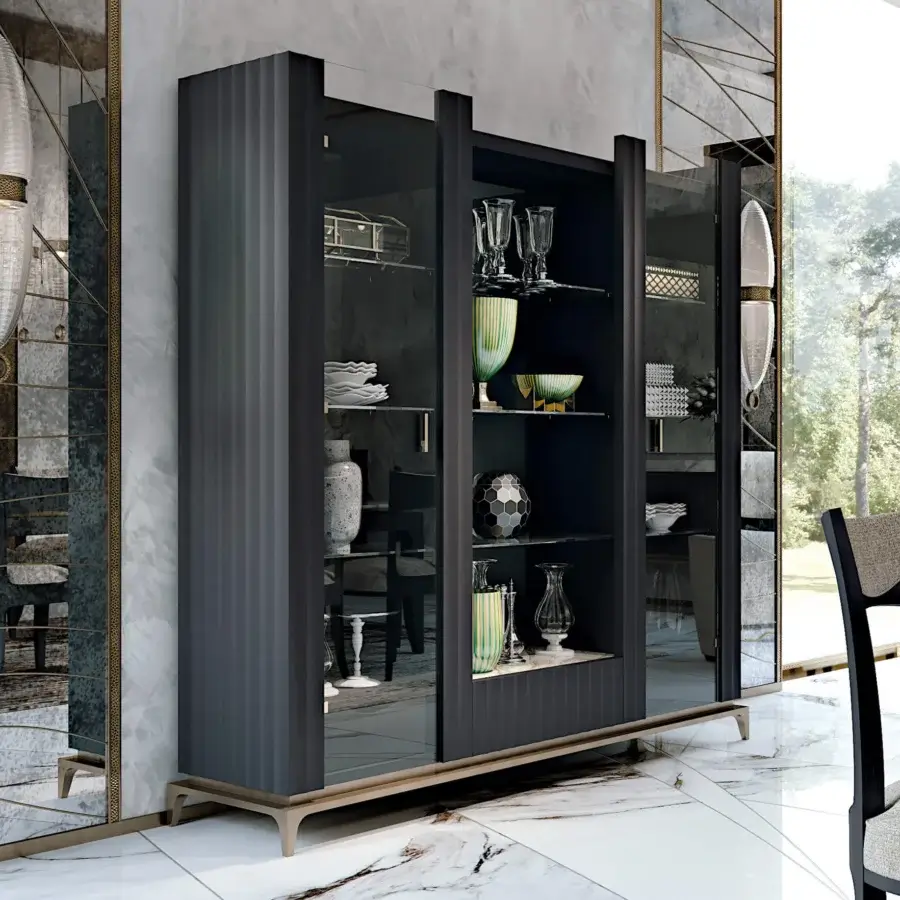 Remarkable BelMondo by Bellotti Ezio Auriga glass cabinet with dark matte wood frame and light wood-toned angled legs built in Italy