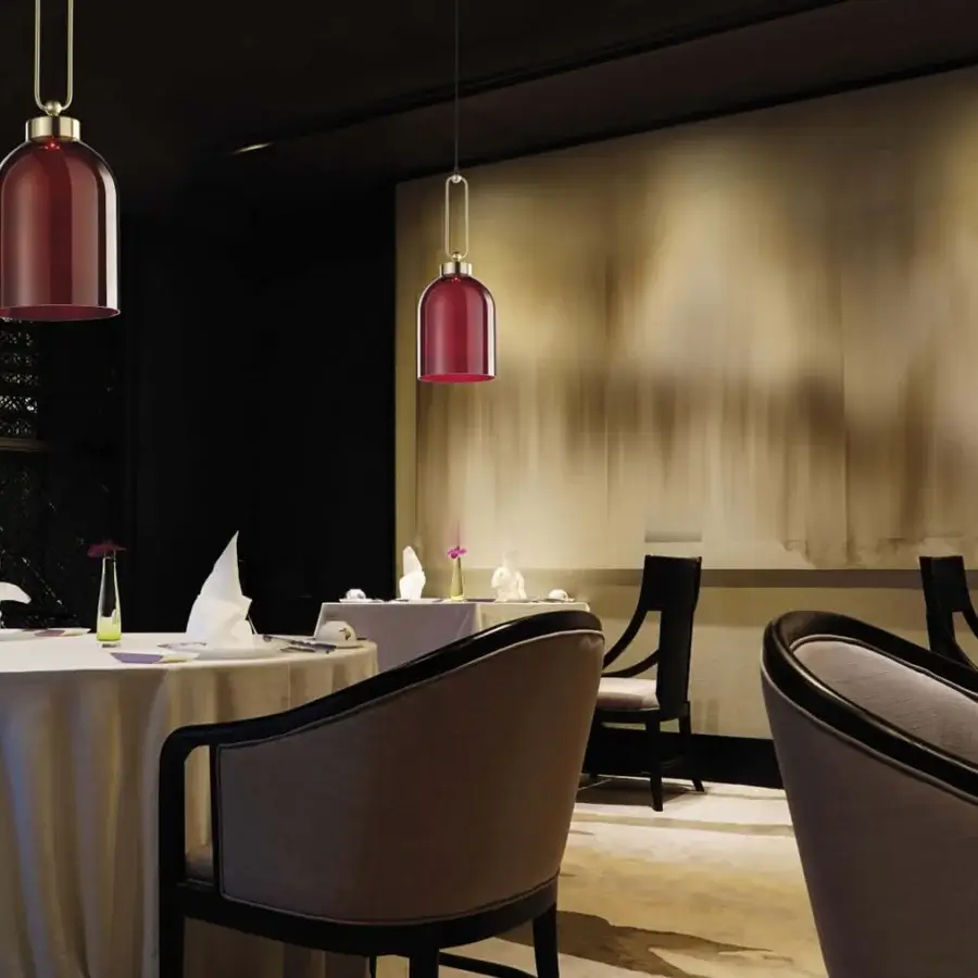 Distinguished Italamp Valentina suspension lamp with red glass and brushed gold metal, exhibiting a glossy finish
