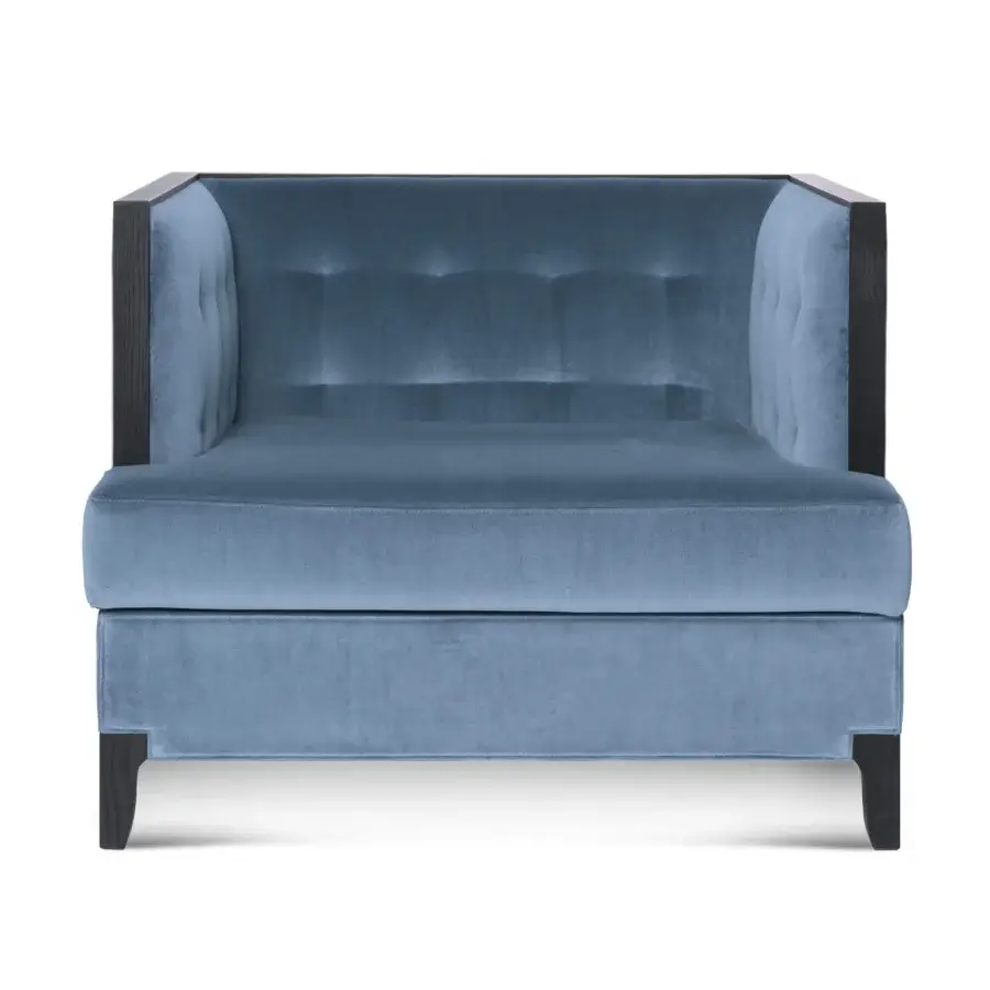 Exceptional BelMondo by Bellotti Ezio Attesa lounge chair upholstered in muted blue textile with dark-toned wooden frame