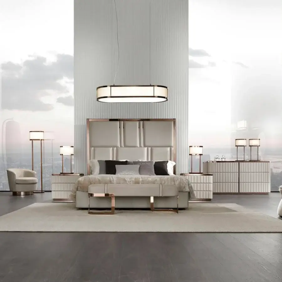 Distinguished DV Home Collection Elite bed with multilayer and MDF structure covered in light-colored upholstery and rose-gold steel frame