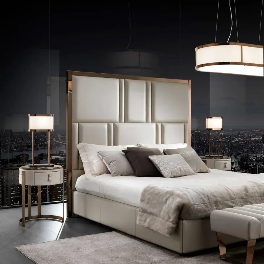 Elegant DV Home Collection Elite bed with light cream panels and a refined bronze-toned steel frame built with multilayer and MDF structure