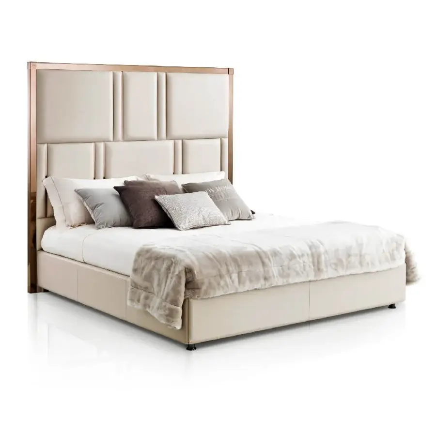 Sophisticated DV Home Collection Elite bed with light beige padding and gold framing crafted in multilayer and MDF structure