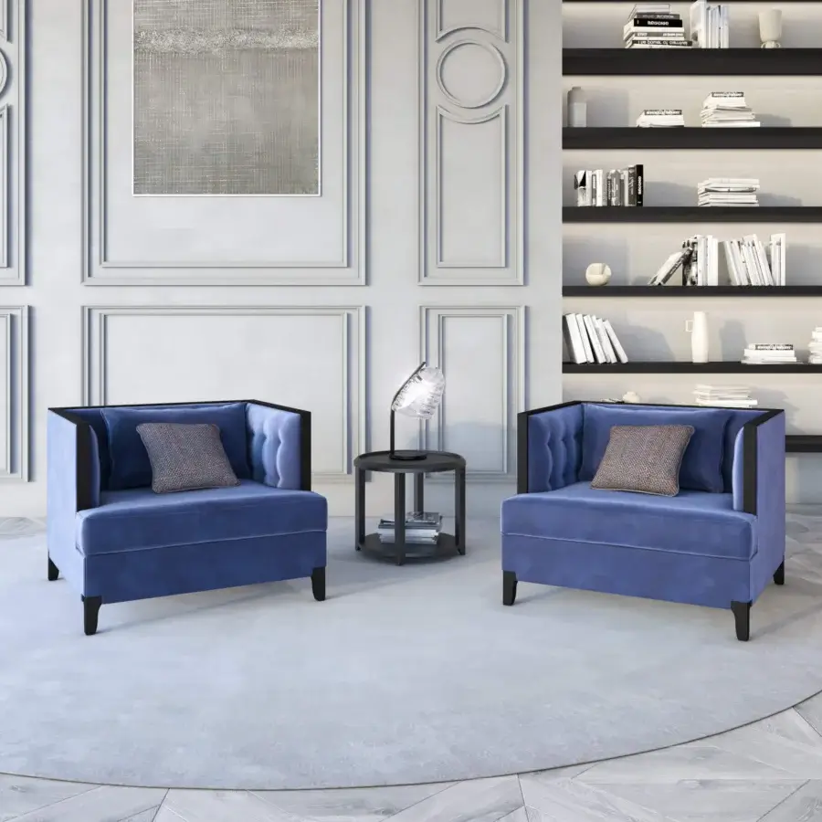 Exceptional BelMondo by Bellotti Ezio Attesa lounge chair with smooth blue textile and dark-colored wood frame