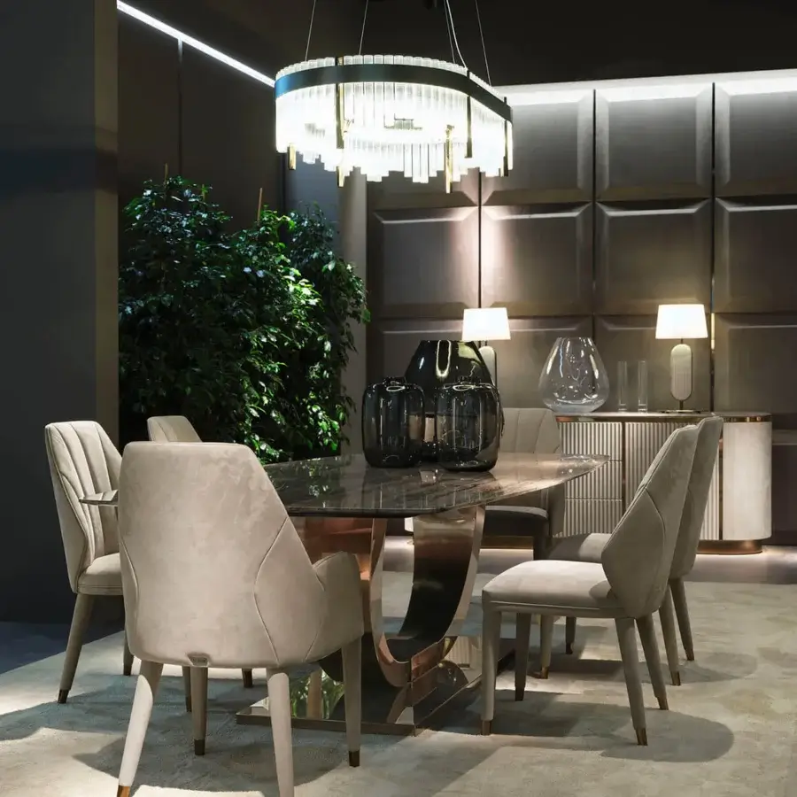 Superior DV Home Collection Elite chair with beech plywood shell, light beige fabric upholstery and metallic steel feet