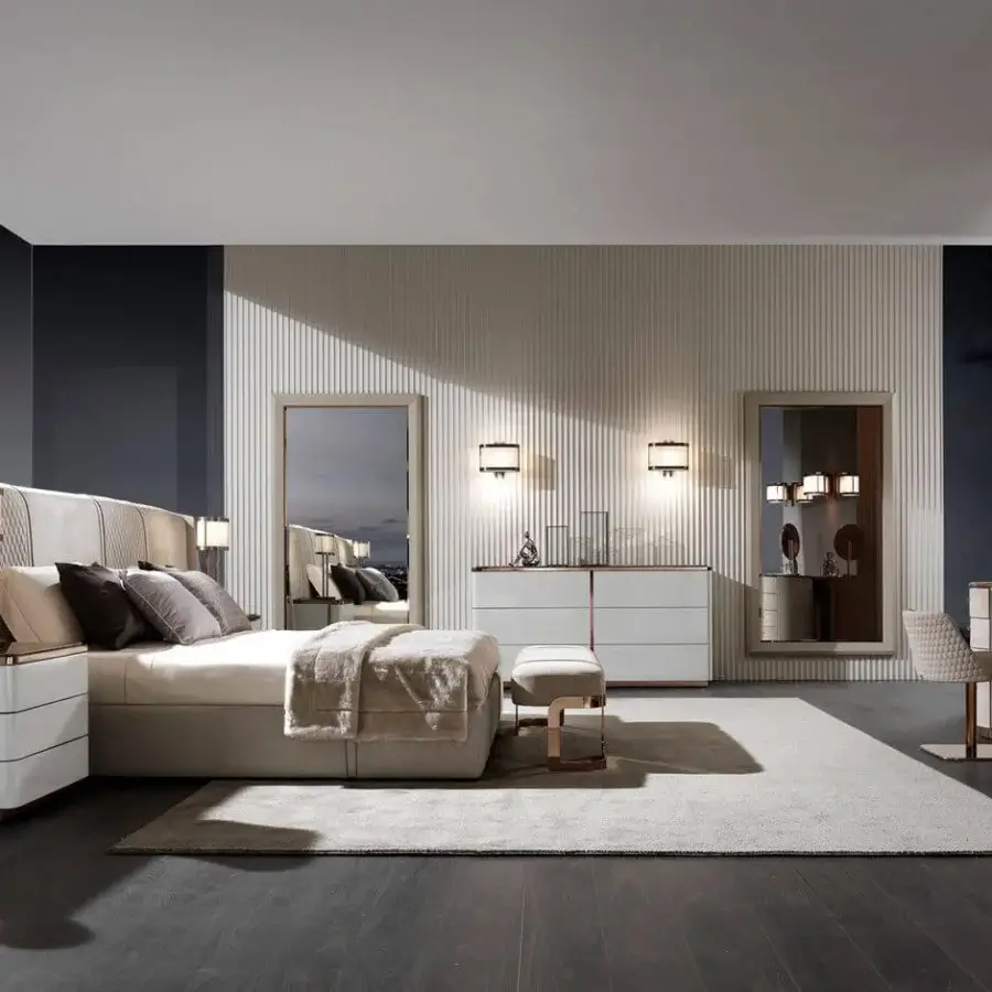 Exceptional DV Home Collection Coco bench with light beige textile upholstery and rose gold steel legs