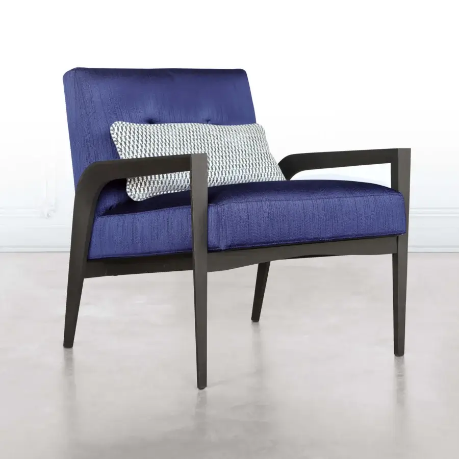 Captivating BelMondo by Bellotti Ezio Teseo lounge chair with solid blue textile and patterned cushion, built with a dark-toned wood frame