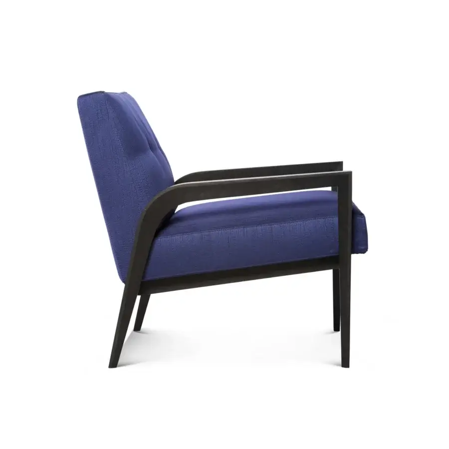 Exceptional BelMondo by Bellotti Ezio Teseo lounge chair with dark blue textured textile upholstery and matte wooden frame