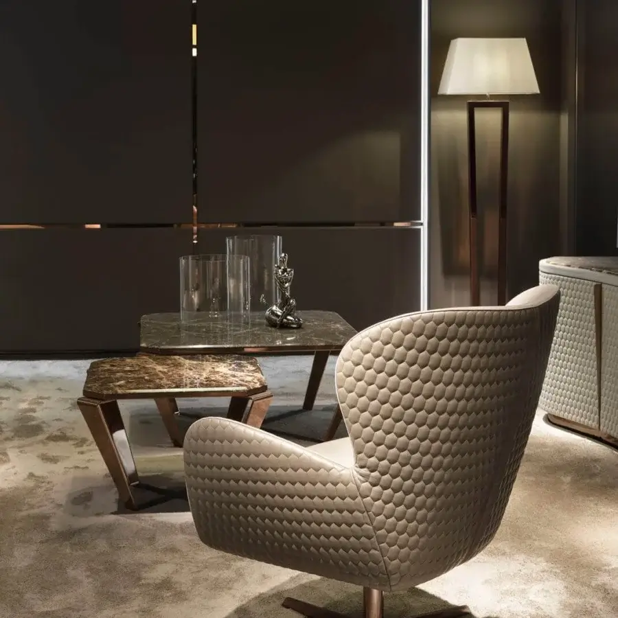 Distinguished DV Home Collection Elite Lounge chair with textured light neutral fabric and swivel matte bronze toned base