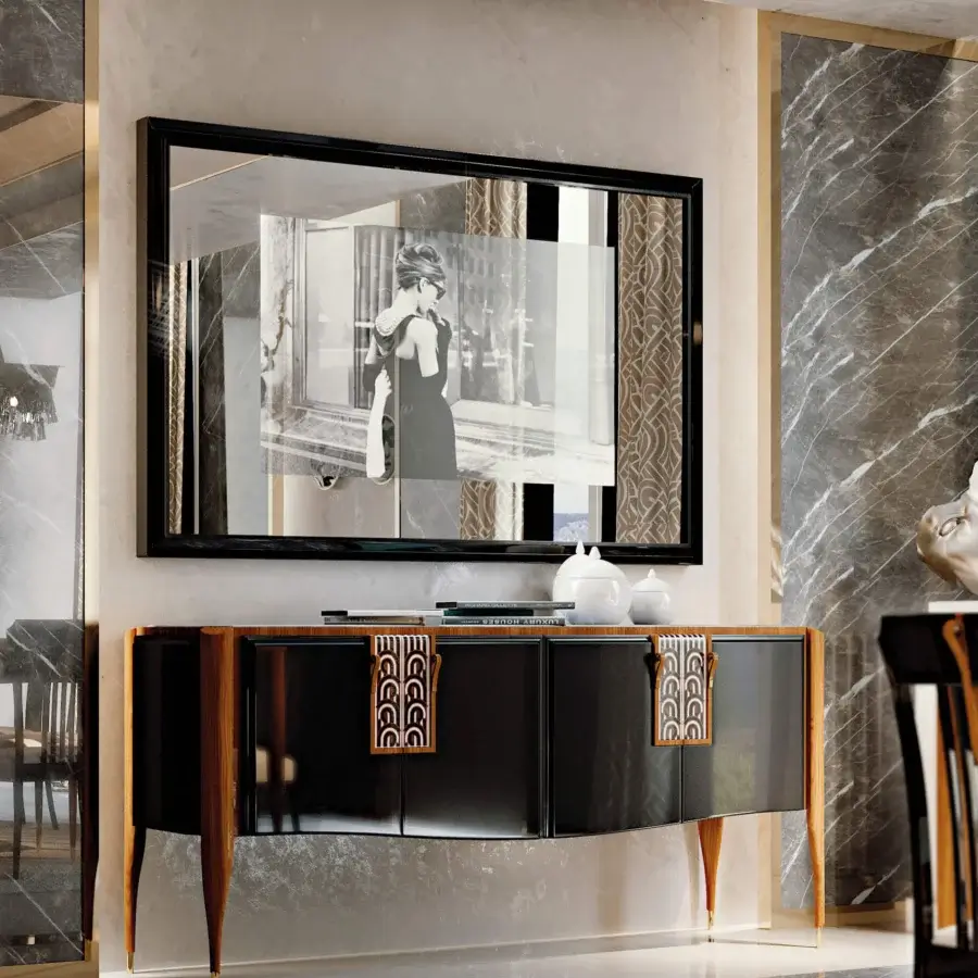 Distinguished BelMondo Lexington Avenue sideboard with glossy black finish and unique metal handles accented by precious stones