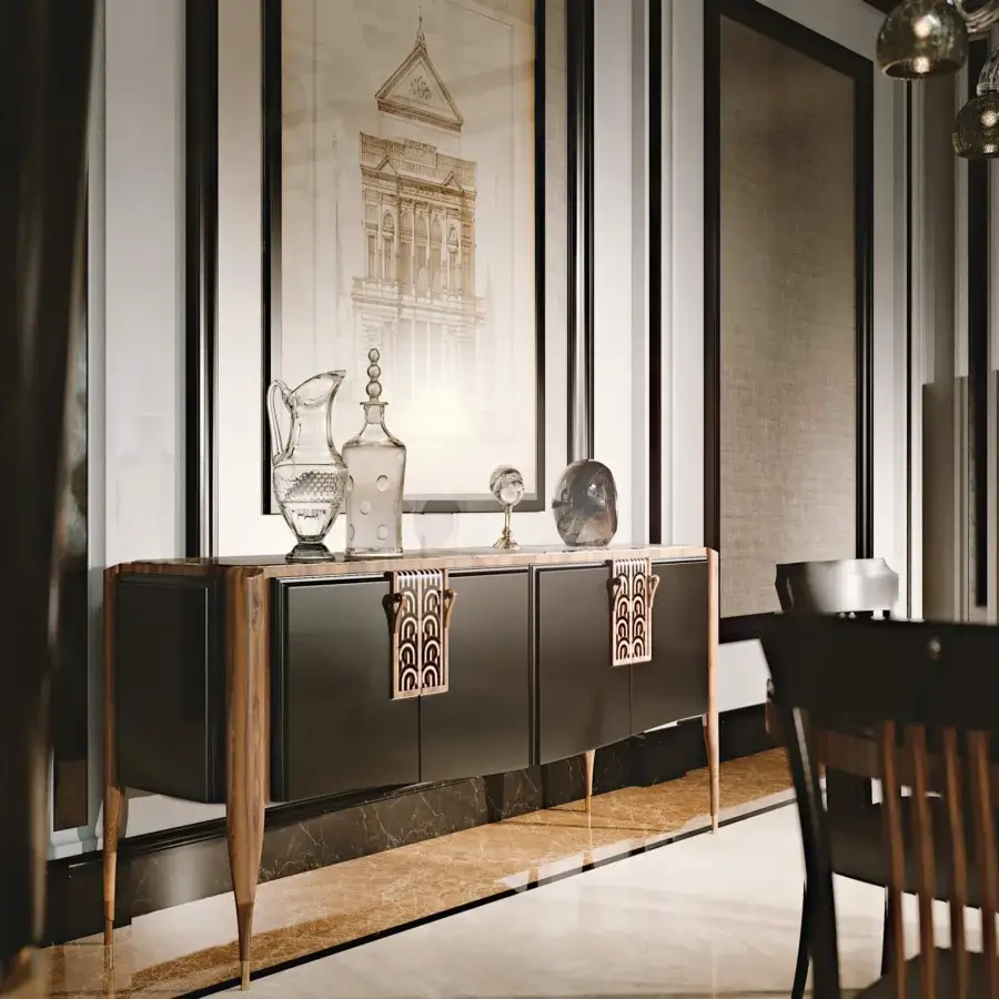 Distinguished BelMondo Lexington Avenue sideboard crafted in wood with a glossy finish and unique geometric inlays