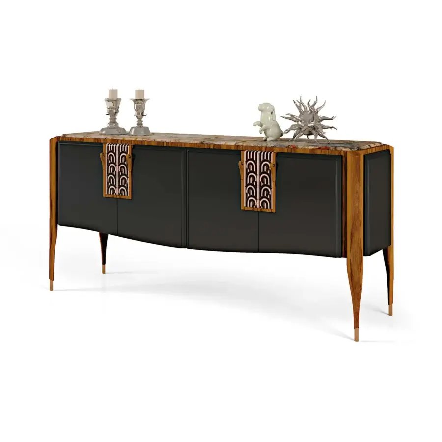 Exceptional BelMondo Lexington Avenue sideboard built with wood, stone-like top, matte black, plus patterned fabric handles