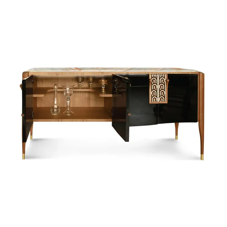 Superior BelMondo Lexington Avenue sideboard crafted with light wood, glossy black lacquer and gold metal accents