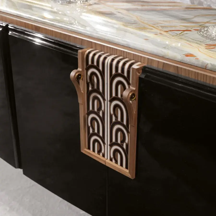 Distinctive BelMondo by Bellotti Ezio Lexington Avenue sideboard with glossy black doors, light wood trim and veined marble top
