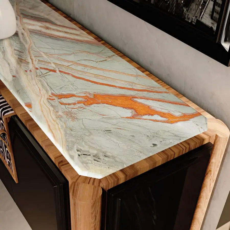 Elegant BelMondo by Bellotti Ezio Lexington Avenue sideboard with orange-veined stone and dark high-shine body