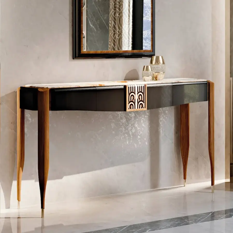 Distinguished BelMondo Lexington Avenue console with light marble top and dark wood drawers built with glossy wood legs