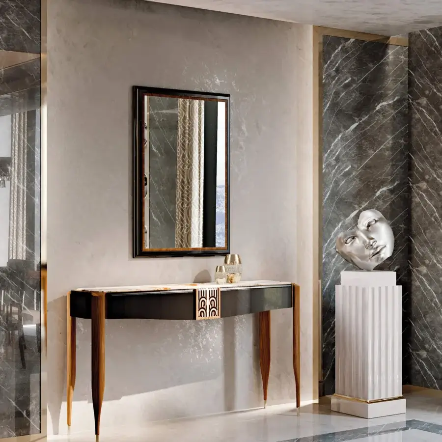 Distinguished BelMondo Lexington Avenue console with white marble-like countertop and dark sleek frame built with metallic accents