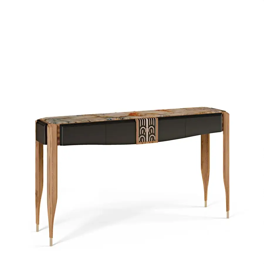 Elegant BelMondo Lexington Avenue console with stone-like top in warm creams, browns, and oranges with dark drawers and light wood legs