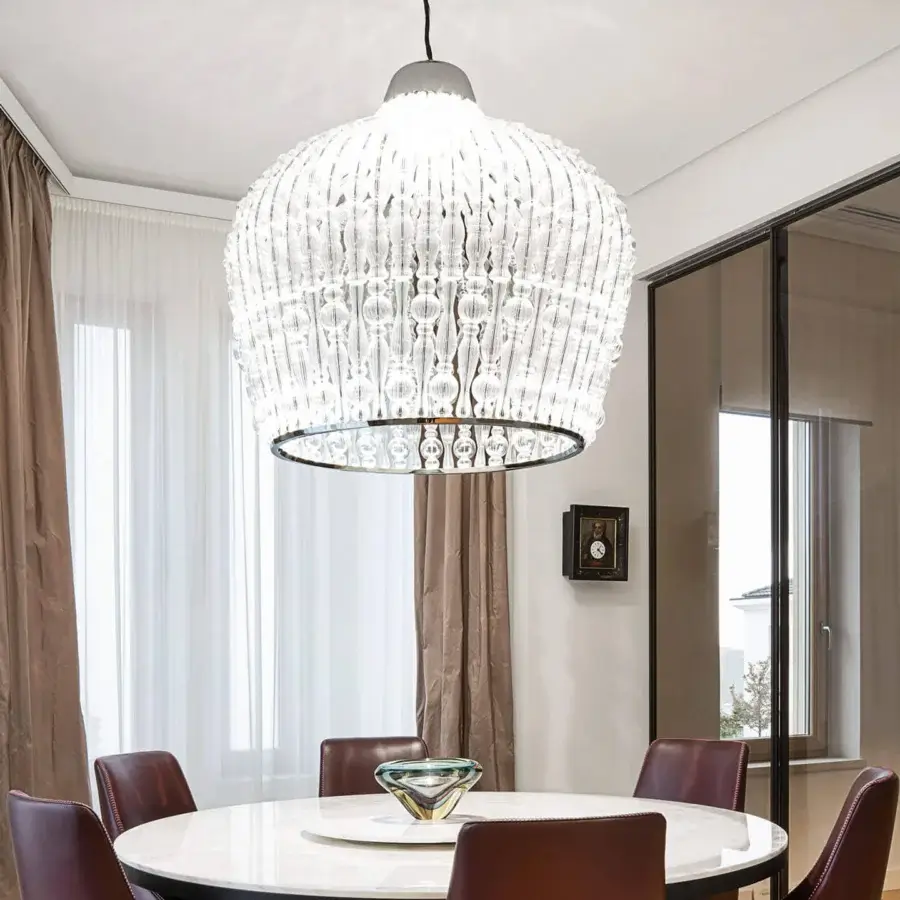 Exceptional Italamp Crowns suspension lamp with chrome metal and delicate transparent blown glass elements crafted with a satin finish