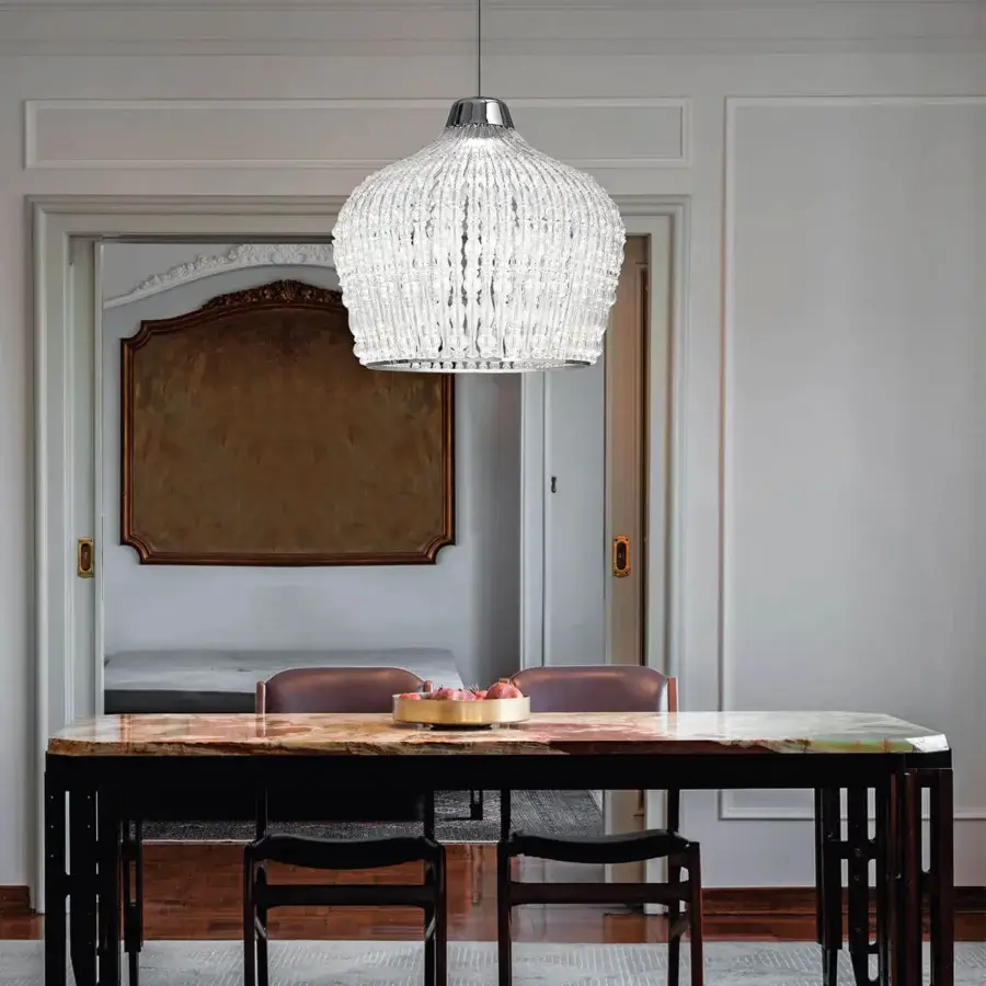Sophisticated Italamp Crowns suspension lamp with chrome metal and delicate transparent blown glass elements