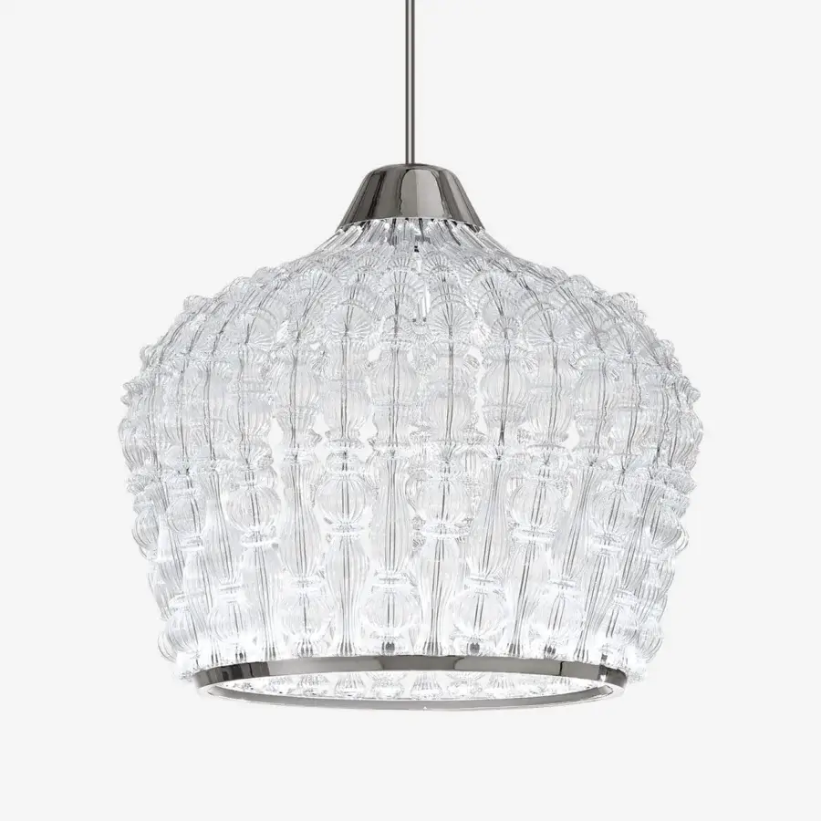 Elegant Italamp Crowns suspension lamp with chrome metal structure and transparent blown glass shade