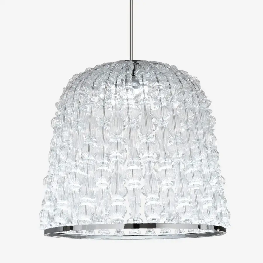 Superior Italamp Crowns suspension lamp with chrome metal and transparent blown glass elements, exhibiting a textured finish