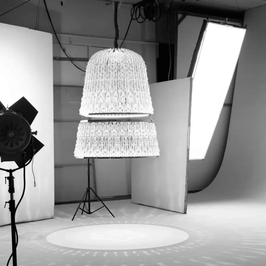Exceptional Italamp Crowns suspension lamp with chrome metal supporting transparent blown glass elements and a polished finish