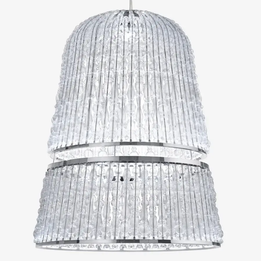 Exclusive Italamp Crowns suspension lamp with chrome metal structure and delicate transparent blown glass elements