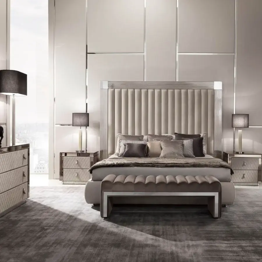 Elegant DV Home Collection Envy beveled mirror bench with taupe textile upholstery and reflective stainless steel base