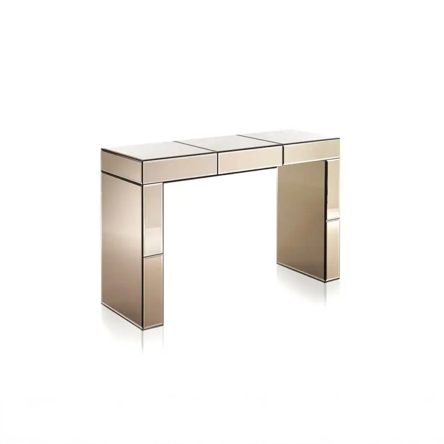 Superior DV Home Collection Envy console crafted with beveled natural, bronze, and smoke mirror with a glossy champagne finish