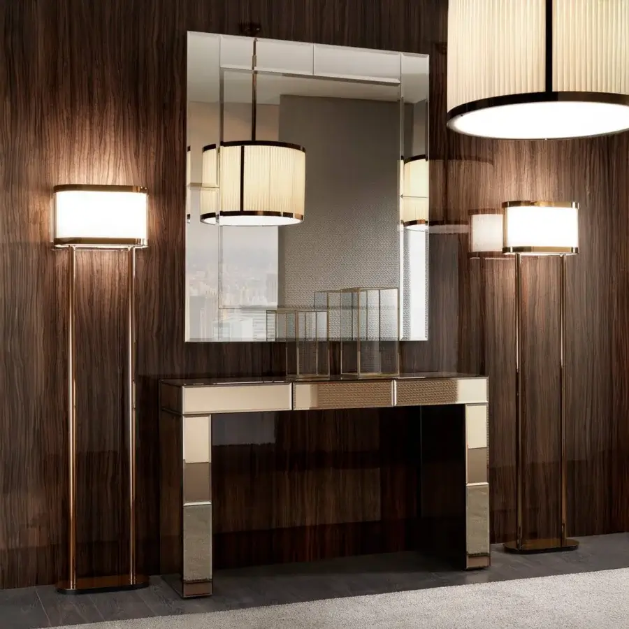 Superior DV Home Collection Envy console with angular shape and reflective gold, bronze, smoke mirror finish