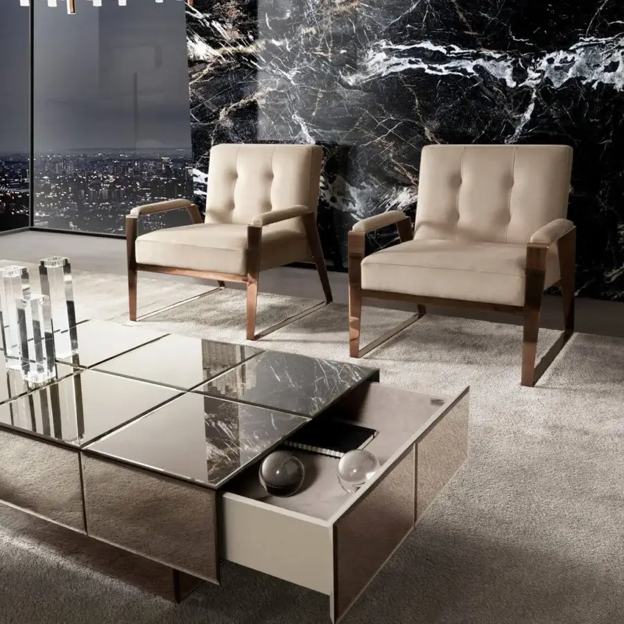 Elegant DV Home Collection Envy drawers coffee table with smoked glass and shining stainless steel base